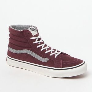 Vans - Maroon high tops with gray stripe.
